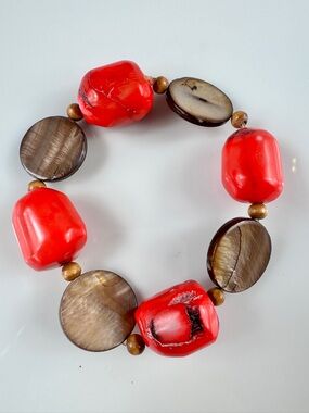 Red Jade Stone Bracelet with Hand Cut Mother Of Pearl